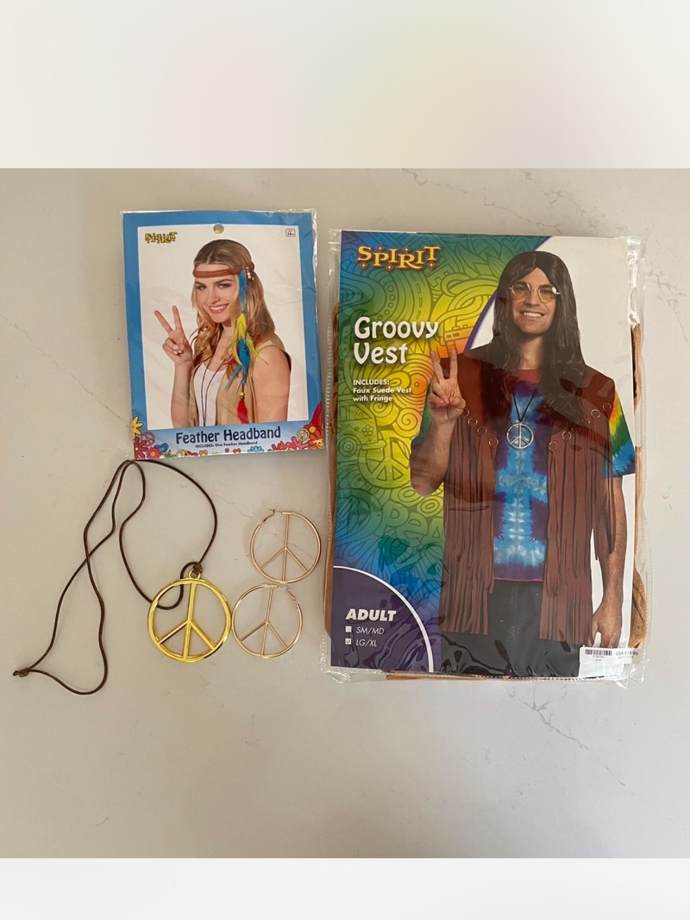 Spirit Adult Groovy Vest Costume with Brown Fringe and Blue Tie-Dye Shirt